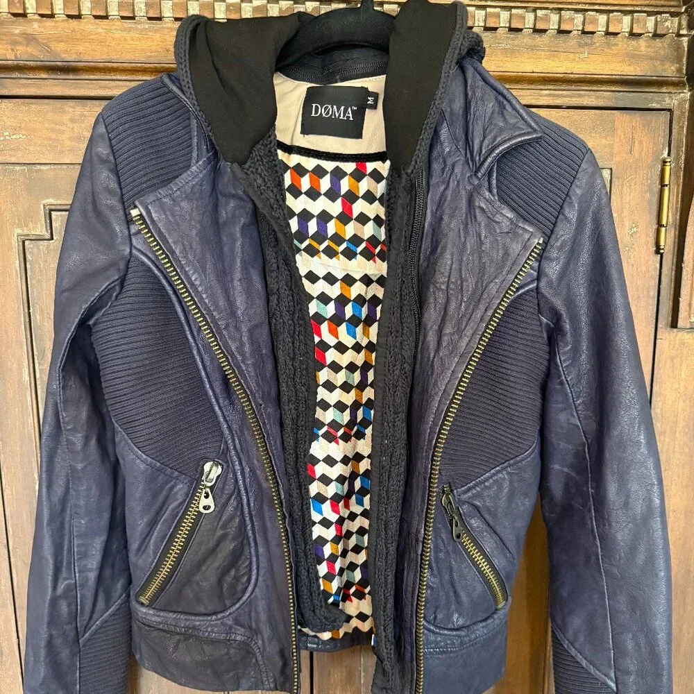 Dark Blue Doma Mixed Media Leather Jacket - Biker Style with removable hood - Picture 1 of 12
